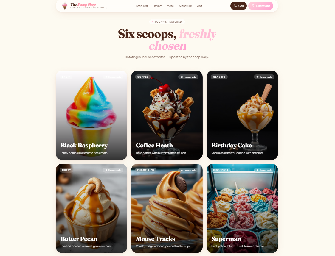 Ice cream shop website concept — Featured Flavors