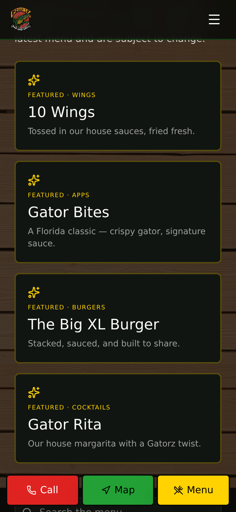 Gatorz Bar & Grill mobile — Menu screen