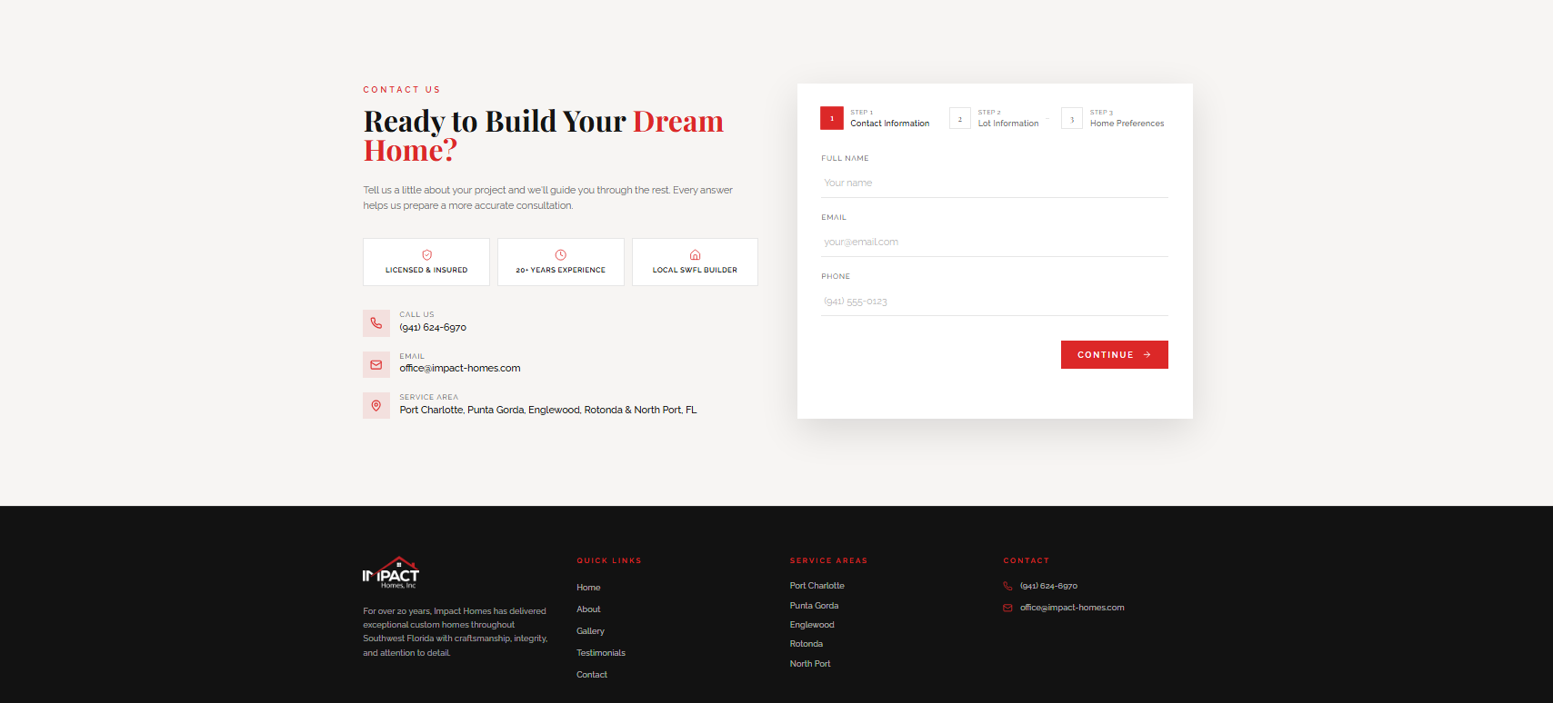 Impact Homes contact form step 1