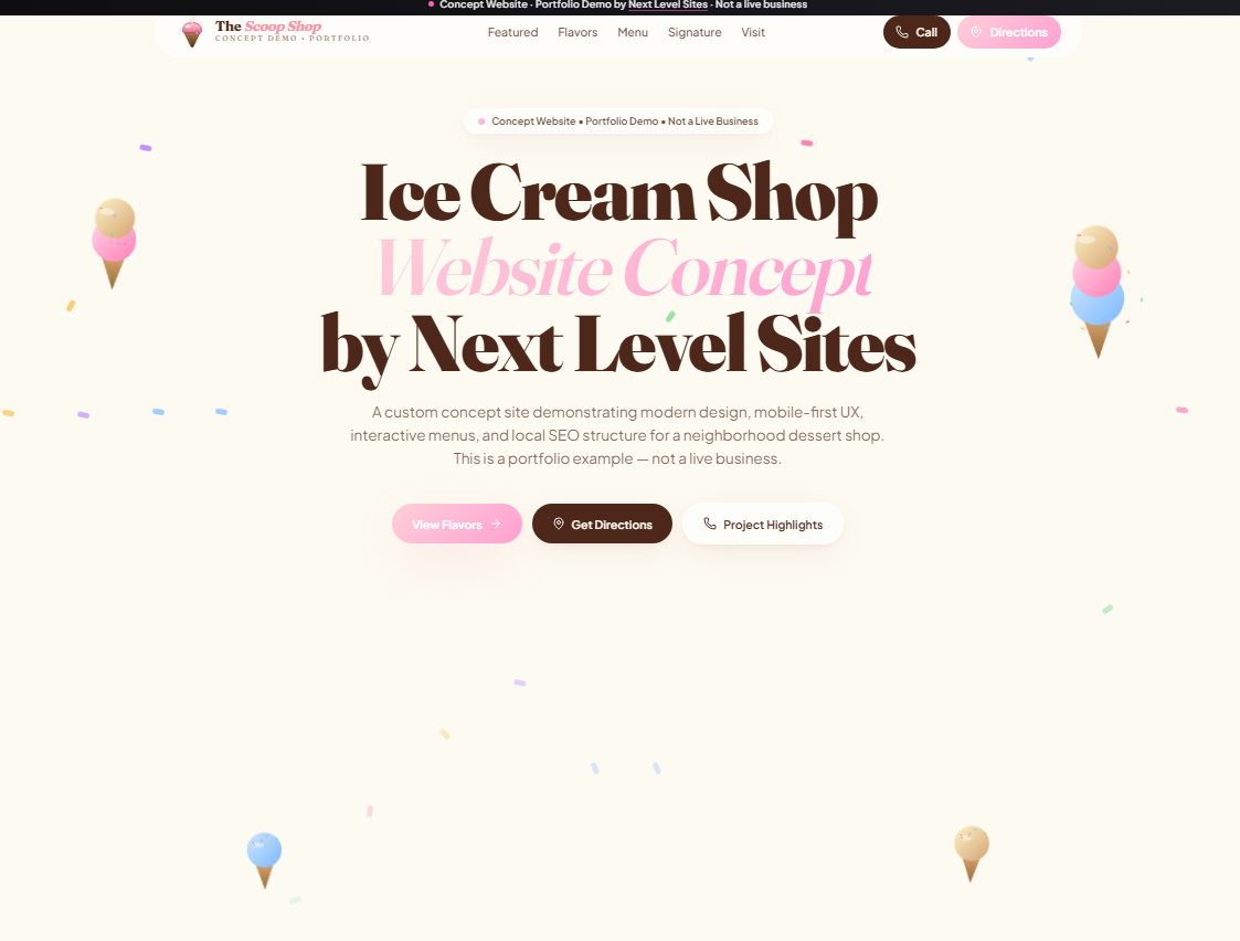 Local ice cream shop website concept by Next Level Sites
