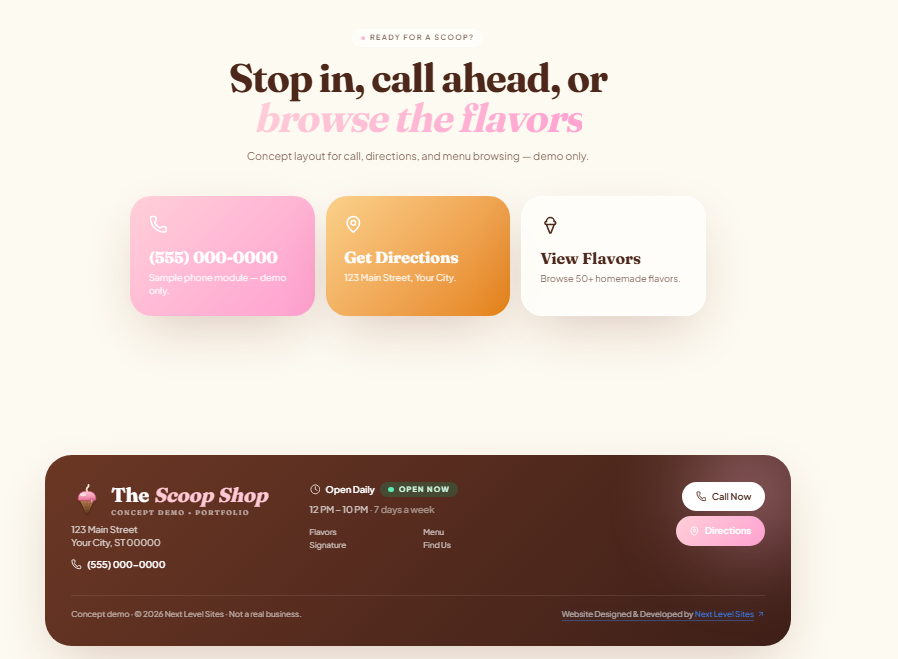 Ice cream shop website concept — Final CTA & Footer