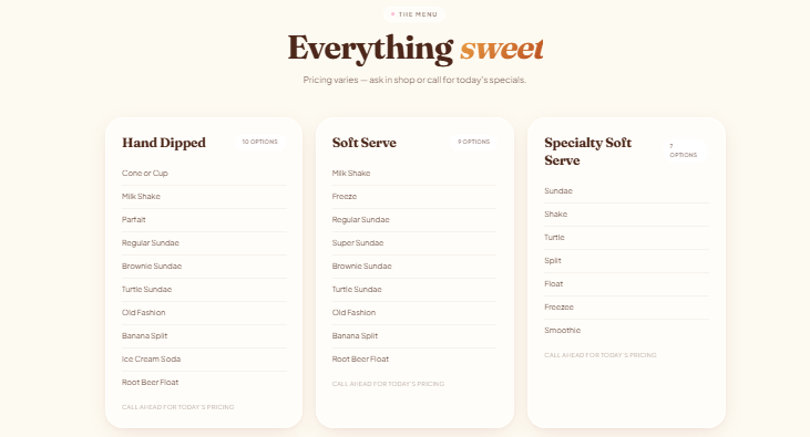 Ice cream shop website concept — Menu