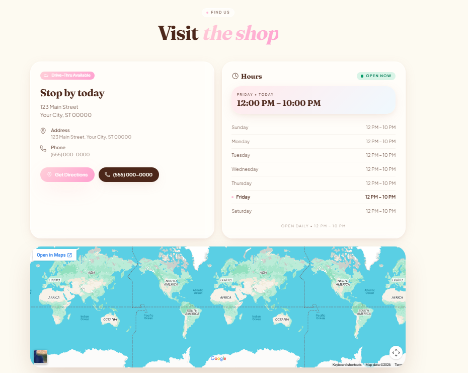 Ice cream shop website concept — Visit & Hours
