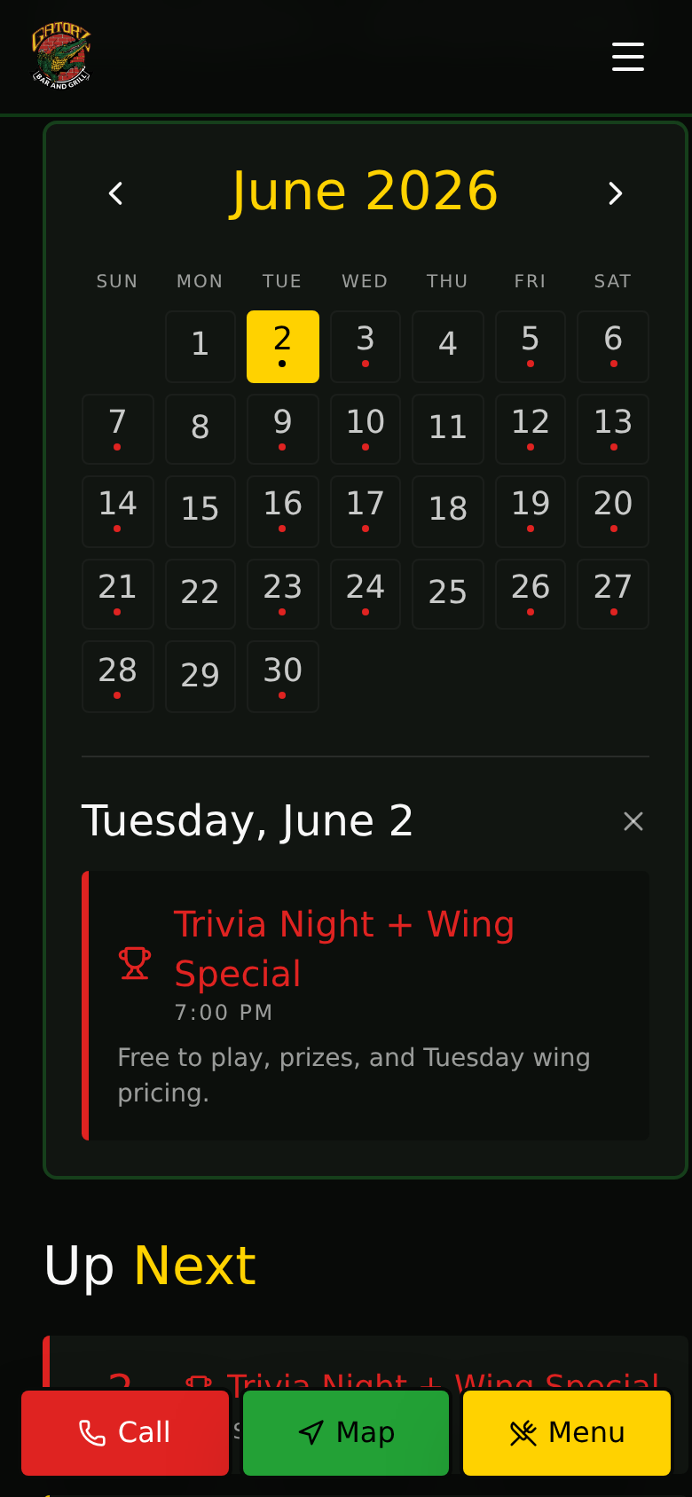 Gatorz Bar & Grill mobile — Events screen